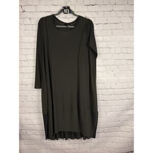 Sun Kim M Dress Dark Green Lagenlook Pear-Shape Cut Dress Pockets and Pleats
